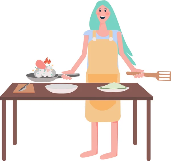 Cute Woman Cooking Illustration Design — Stock Photo, Image