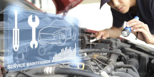 Asian Man Mechanic Inspection Shine Torch Car Engine Checking Bug — Stock Photo, Image