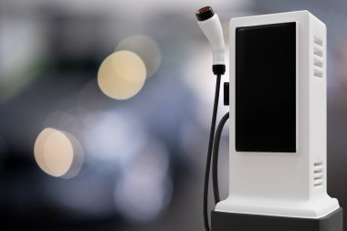 Merhaba teknoloji endüstrisi garajı EV-araba şarj edici geleceğin araba müşterilerinin yakıt ikmal istasyonuna nakledilmesi. taşımacılık veya otomobil için