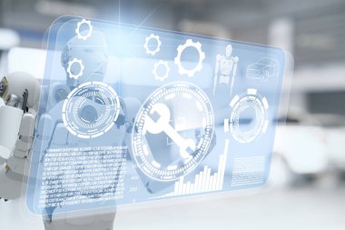 Otomobil, otomobil, otomotiv otomobil kontrolü, garaj endüstrisinde tamir için robot siber gelecekteki insansı robot.