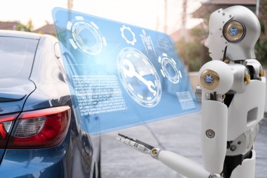 Otomobil, otomobil, otomotiv otomobil kontrolü, garaj endüstrisinde tamir için robot siber gelecekteki insansı robot.
