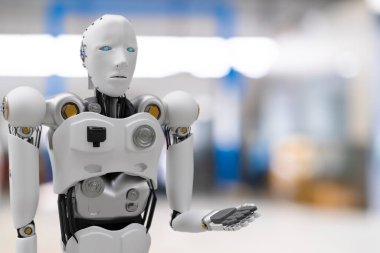 Otomobil, otomobil, otomotiv otomobil kontrolü, garaj endüstrisinde tamir için robot siber gelecekteki insansı robot.