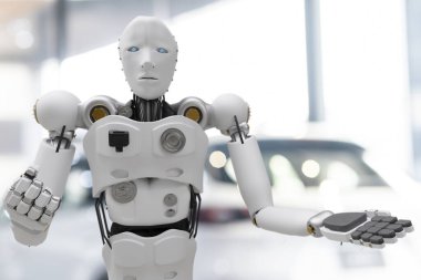 Otomobil, otomobil, otomotiv otomobil kontrolü, garaj endüstrisinde tamir için robot siber gelecekteki insansı robot.