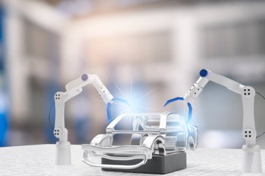 Otomobil, otomobil, otomotiv otomobil kontrolü, garaj endüstrisinde tamir için robot siber gelecekteki insansı robotlar. Bu yüzden teftiş için, müfettiş sigorta tamircisi robot robot teknolojisini teknolojiye işaret ediyor.