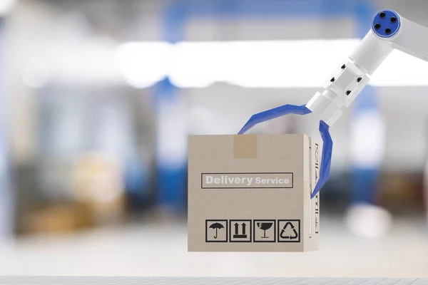 Ρομπότ Κυβερνοχώρο Μέλλον Φουτουριστικό Ανθρωποειδές Κρατήσει Κουτί Τεχνολογίας Προϊόντων Μηχανική — Φωτογραφία Αρχείου