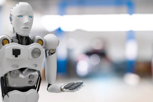 Robot Futuro Futurista Humanoide Cibernético Con Auto Automóvil Chequeo Automóviles — Foto de Stock