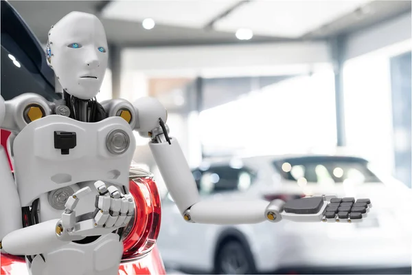 Robô Cibernético Futuro Humanóide Futurista Com Auto Automóvel Verificação Carro — Fotografia de Stock