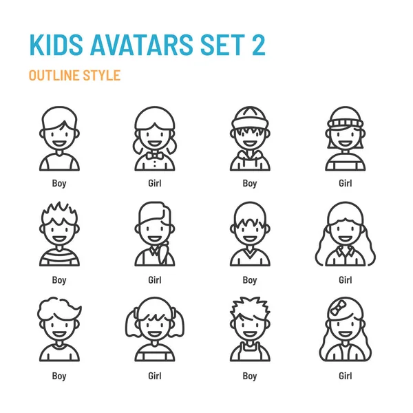 Kids Avatars Outline Icon Symbol Set — Stock Vector