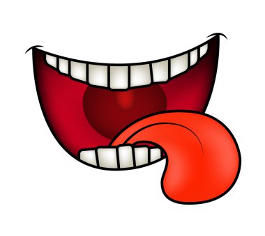 Karikatür gülümseme, ağız, dişler ve dil ile dudakları. Beyaz arka plan üzerinde izole vektör çizim