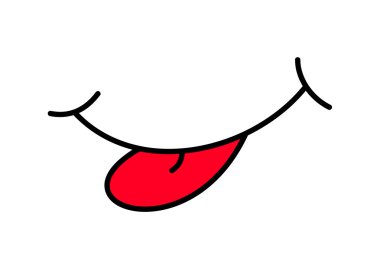 Çizgi film gülümseme, ağız, dil ile. Beyaz arka plan üzerinde izole siluet vektör çizim