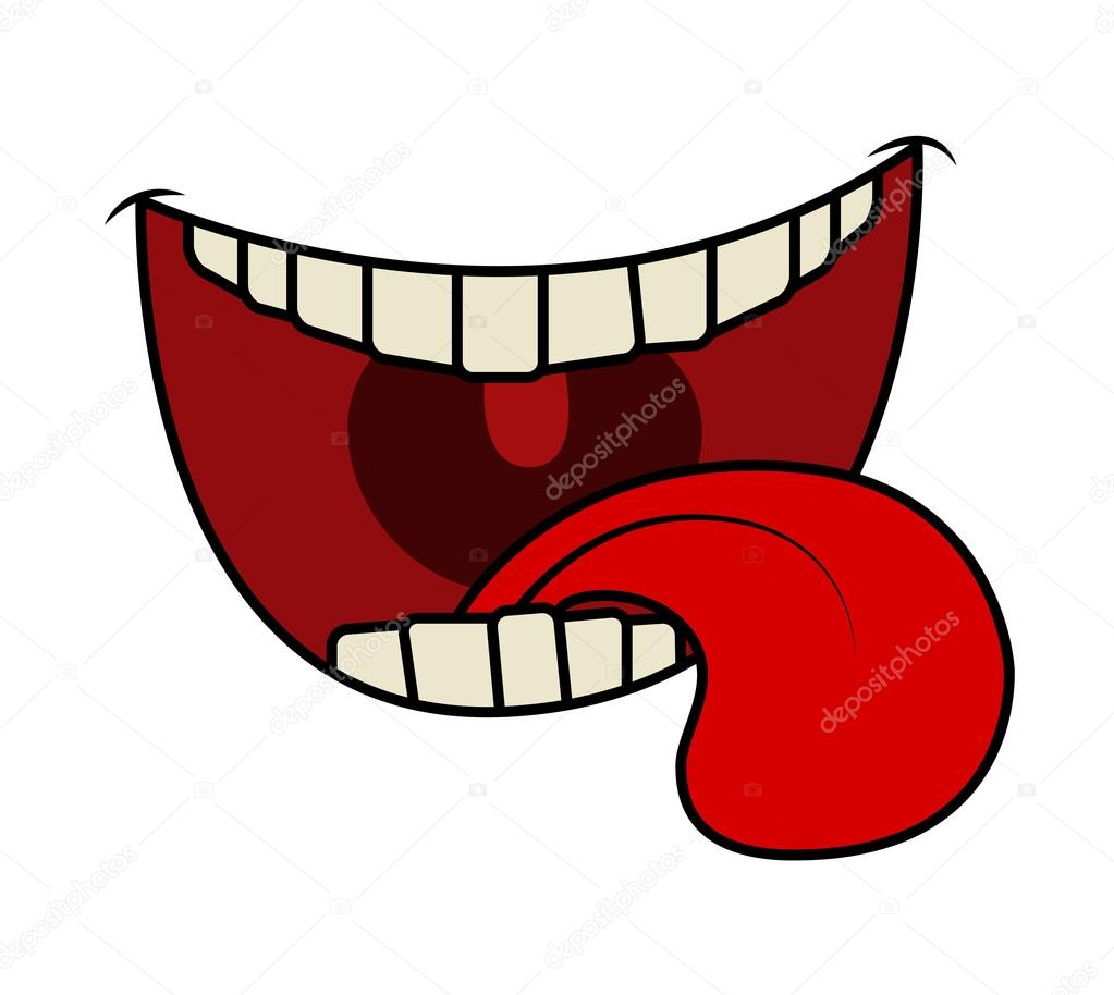 Cartoon smile, mouth, lips with teeth and tongue. vector illustration isolated on white background