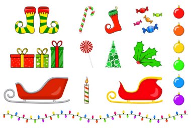 Noel sembolleri koleksiyonu. Büyük Xmas simgeleri. Mevsimlik karikatür çizimleri beyaza izole edilmiş. Tatil süsleri ve dekorasyonlar. Kutsal çilek, elf, ayakkabı, hediye, mum, ışık, ip, mücevher.