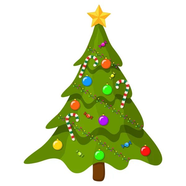 Kerstboom Met Ornamenten Cartoon Illustratie Geïsoleerd Witte Achtergrond Vector Dennenboom — Stockvector