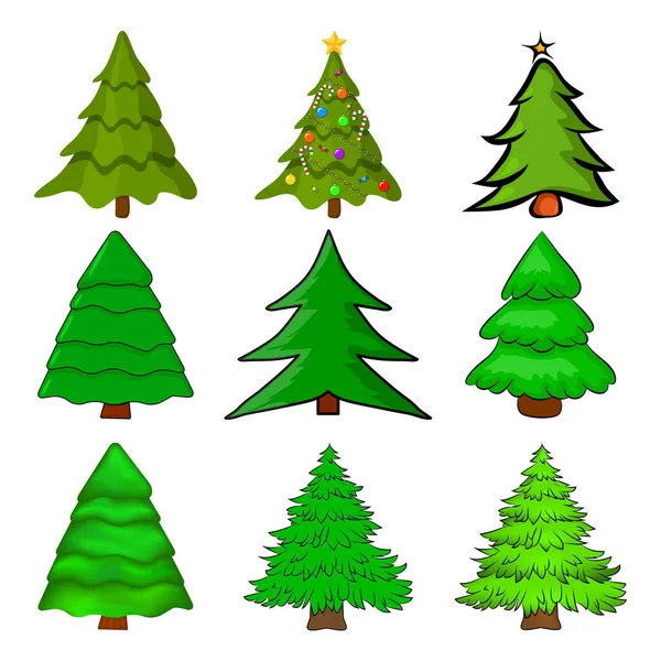 Alberi Natale Impostati Illustrazione Abete Dei Cartoni Animati Isolato Sfondo — Vettoriale Stock