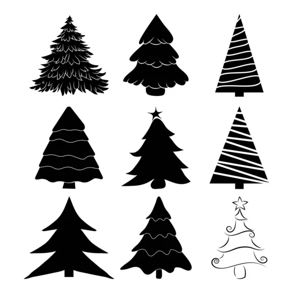 Christmas Tree Silhouettes Set Black Pines Icon Xmas Card Invitation — Stock Vector
