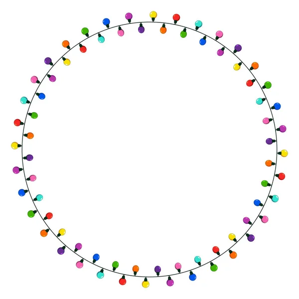 クリスマスライトの文字列サークルフレーム コピースペース付きの丸い花輪イラスト 白い背景に隔離されたリング状のガーランドお祝いの国境 ベクトルカラフルなデザイン要素 — ストックベクタ
