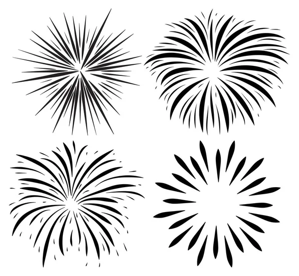花火バーストシルエットアイコンセット 休日の輝きは ペタル爆発後に落ちる 幸せな新年の黒のシンボルのベクトルコレクション 白地に隔離された祭図 — ストックベクタ