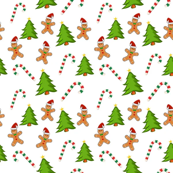 Beyaz arka planda zencefilli kurabiye, şeker kamışı ve Noel ağacı olan tatil deseni. Tekrarlayan fayanslarla ambalaj kağıdı. Yılbaşı kartı ya da geçmiş için harika. Vektörsüz desen.