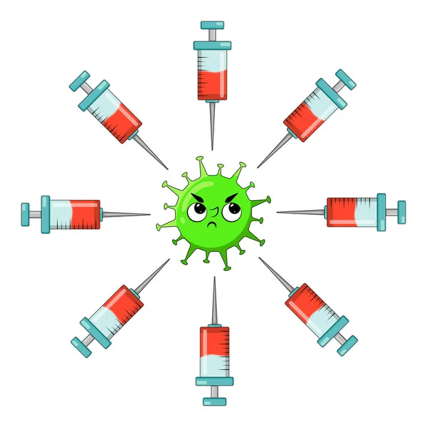 Vaccinazione Covid Sparato Simbolo Del Cartone Animato Illustrazione Vettoriale Isolata — Vettoriale Stock