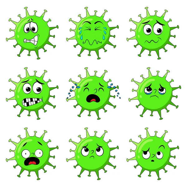 Karakter Coronavirus Menunjukkan Kekhawatiran Dan Ekspresi Ketakutan Kartun Yang Terdiri - Stok Vektor