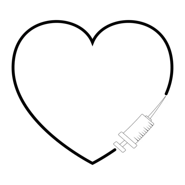 Hjärta Och Vaccin Kontur Ikon Symbol För Den Medicinska Sprutan — Stock vektor
