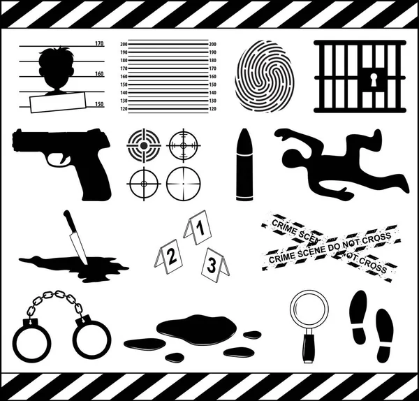 Krimiikone Gesetzt Sammlung Von Mordsymbolen Kriminelle Illustrationen Isoliert Auf Weißem — Stockvektor