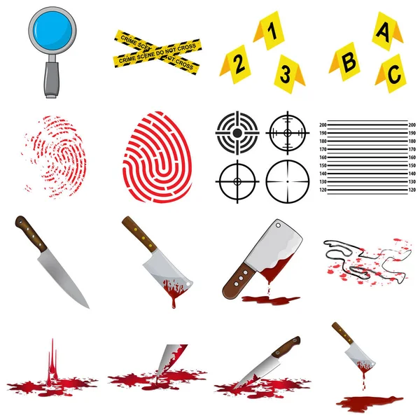 殺人アイコンセット 犯罪シンボルコレクション 殺人犯の捜査とナイフの要素が含まれています 白地に隔離された法医学的イラスト — ストックベクタ