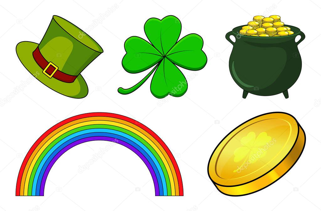Patricks day icon set. Vector holiday collection for irish celebration. Cartoon illustration isolated on white. Contains four leaf clover, rainbow, cauldron with coins and green hat.
