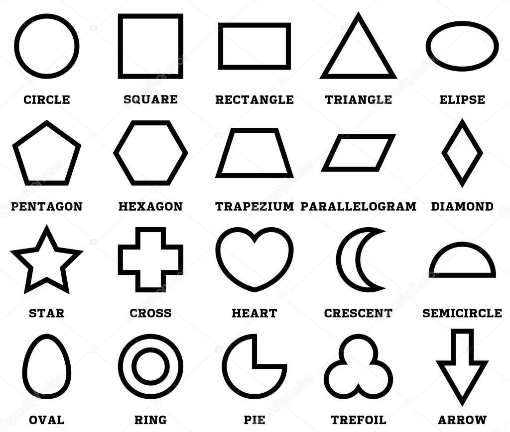 set 2d shapes with their name. outline vector illustration