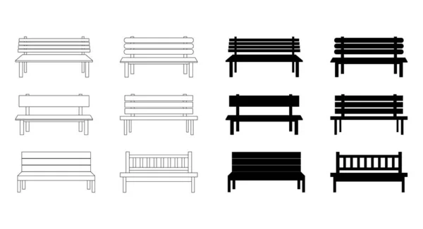 公园长椅图标 舒适的公共木制座椅标志集 轮廓和轮廓设计 在白色上孤立的向量图 — 图库矢量图片
