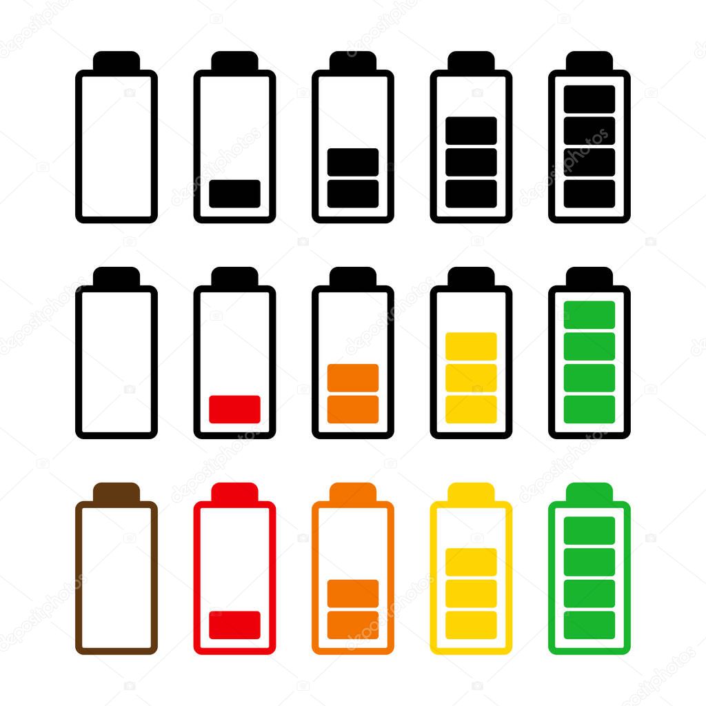Battery charge level icon set. Symbol of power indicator of mobile phone accumulator.  Simple flat design. Vector illustration isolated on white. 