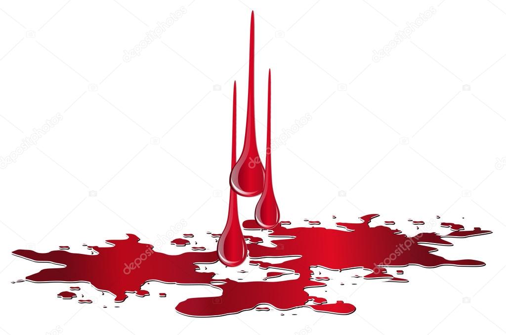 Vector puddle of blood with drops isolated on white background. 