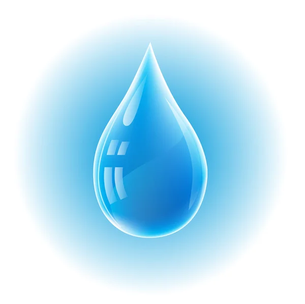 Gota de agua vectorial realista azul sobre fondo blanco y azul . — Vector de stock