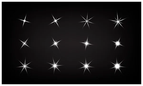 Conjunto de estrellas de efecto de luz brillante y brillante Vector en negro — Vector de stock