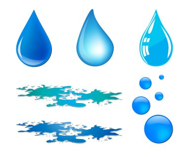 Beyaz arka plan üzerinde izole mavi vektör waterdrop ve su birikintisi set
