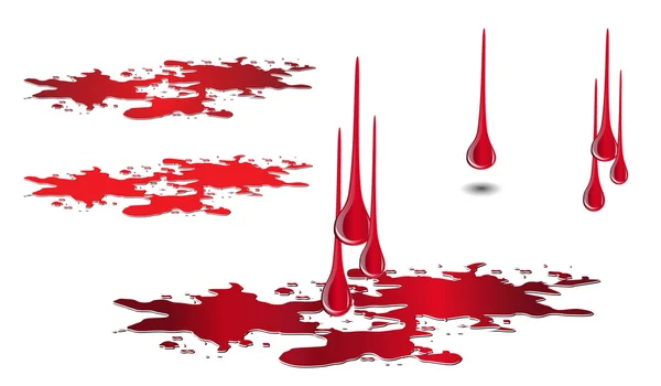Conjunto de goteo de sangre y charco aislado en blanco. Vector gota de sangre — Vector de stock
