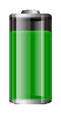 Vector transparent battery illustration. Full green battery isolated on white background