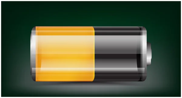 Vector transparent battery illustration. Half charged orange battery on dark background — ストックベクタ