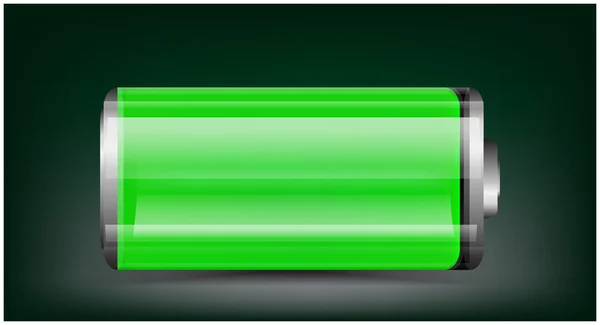 Vector transparent battery illustration. Full green battery on dark background — Stock Vector