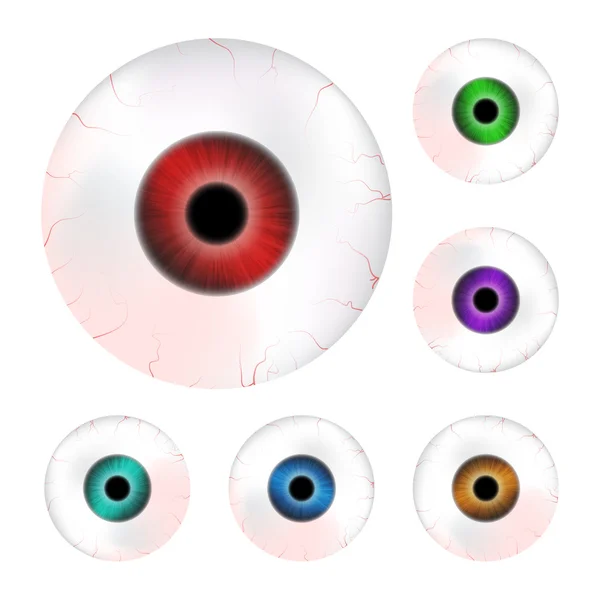 Εικόνα ρεαλιστικής ανθρώπινης βολίδας ματιών με πολύχρωμο μαθητή, ίριδα. Εικονογράφηση διανύσματος απομονωμένη σε λευκό φόντο. — Διανυσματικό Αρχείο
