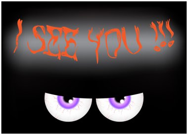 Image of Happy Halloween spooky background Flat design. Vector illustration of invitation card with scary bloody eyes, eyeballs with sign I see you