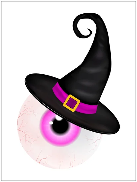 Imagen de Halloween espeluznante, miedo, globo ocular humano realista con alumno colorido, iris en el que sombrero. Ilustración vectorial aislada sobre fondo blanco . — Vector de stock