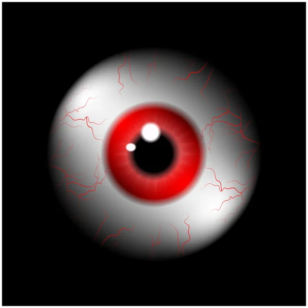 Image of realistic human eye ball with red pupil, iris. Vector illustration isolated on black background. — Stock Vector