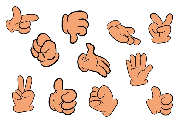 Imagen de los guantes humanos de dibujos animados conjunto gesto de la mano. Ilustración vectorial aislada sobre fondo blanco . — Vector de stock