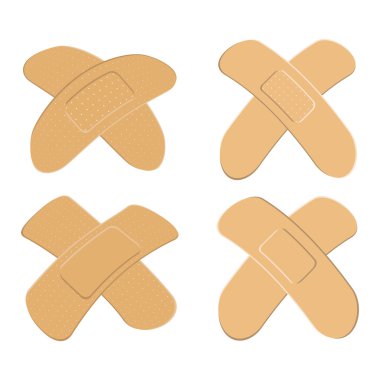 Set of Adhesive, flexible, fabric plaster . Medical bandage in different shape - curved cross. Vector illustration isolated on white background. clipart