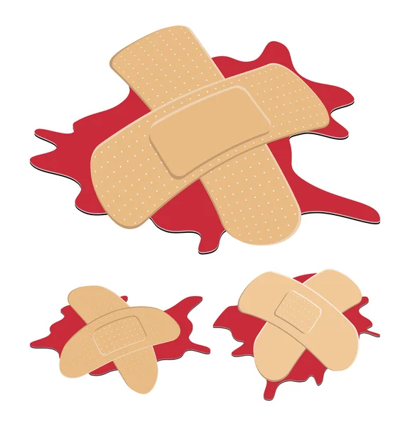 Ensemble de plâtre adhésif, souple, en tissu avec flaque de sang rouge. Bandage médical de forme différente - croix incurvée. Illustration vectorielle isolée sur fond blanc . — Image vectorielle