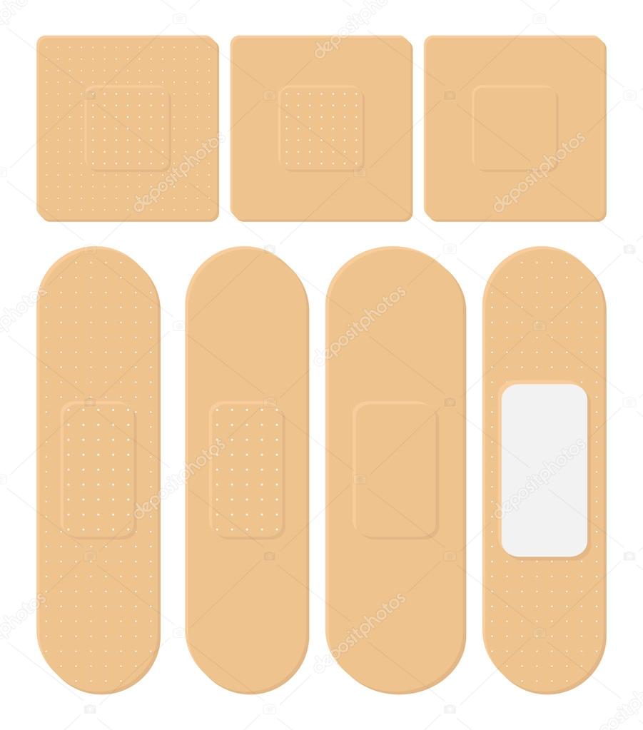 Set of Adhesive, flexible, fabric plaster. Medical bandage in different shape - straight, square, rectangular. Vector illustration isolated on white background.