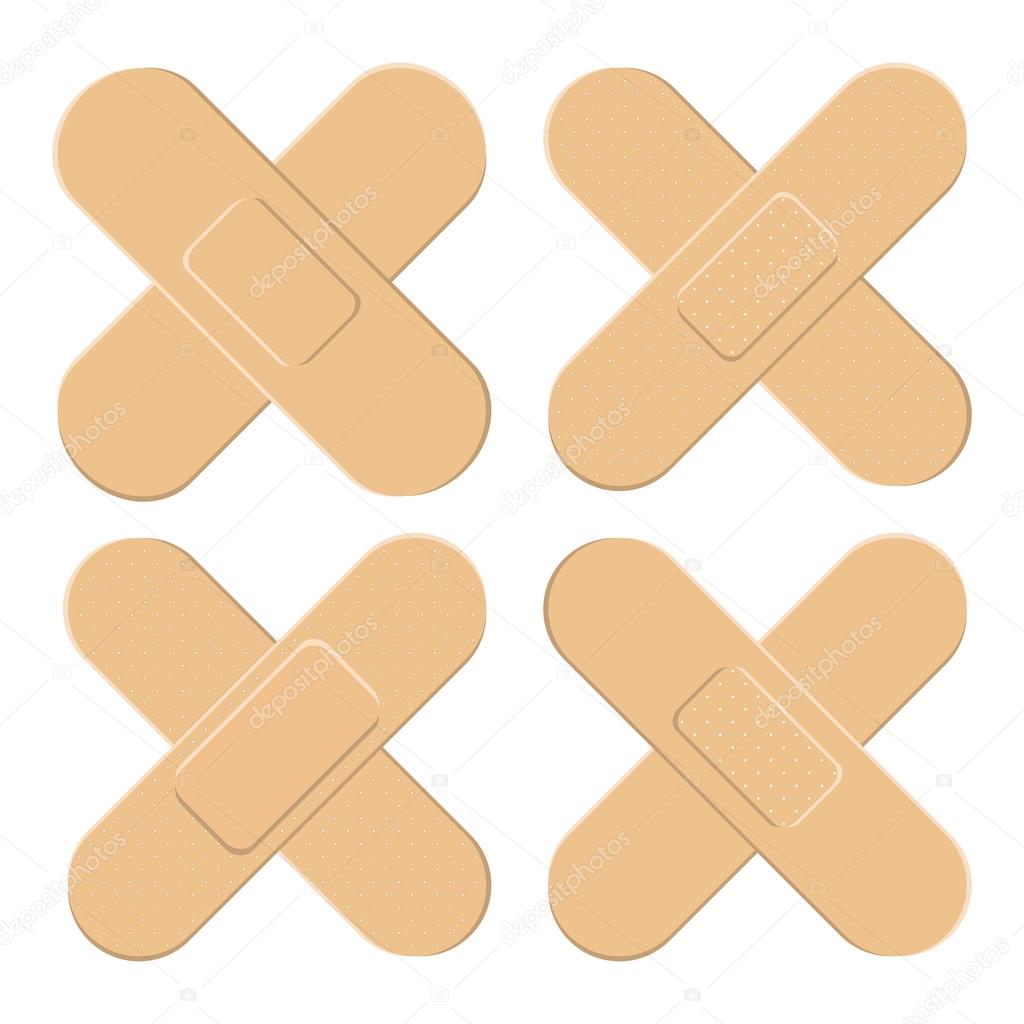 Set of Adhesive, flexible, fabric plaster . Medical bandage in different shape - straigh cross. Vector illustration isolated on white background.