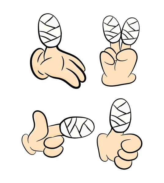 Uppsättning av skadade finger, hand insvept i bandage. Vektor illustration isolerade på vit bakgrund. — Stock vektor