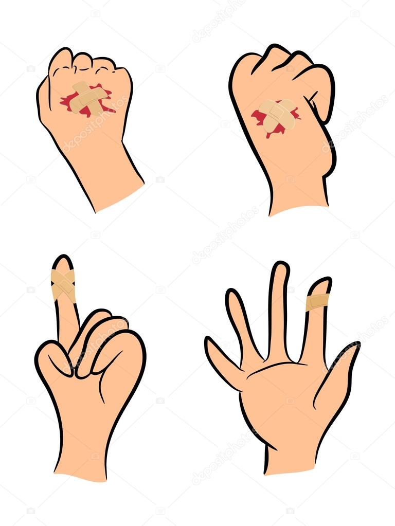 Set of Injured finger, hand wrapped in adhesive bandage, plaster  with red  blood puddle. Vector illustration isolated on white background.